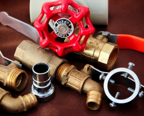 Pipes, faucets, and plumbing fixtures.