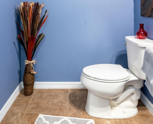 A toilet in a blue bathroom.